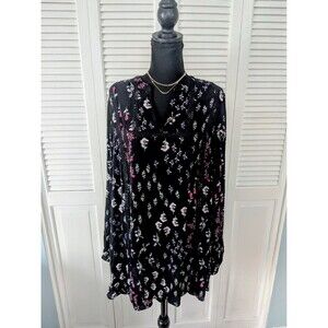 Lane Bryant Blouse Womens 14/16 Black Floral Long Sleeve VNeck Romantic Boho Top